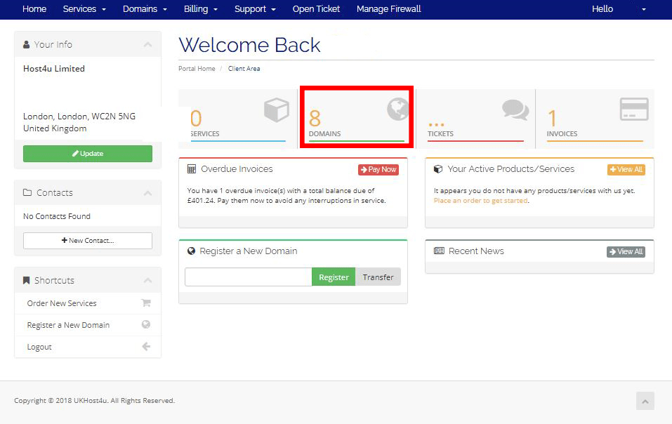 Domains section in Client Area
