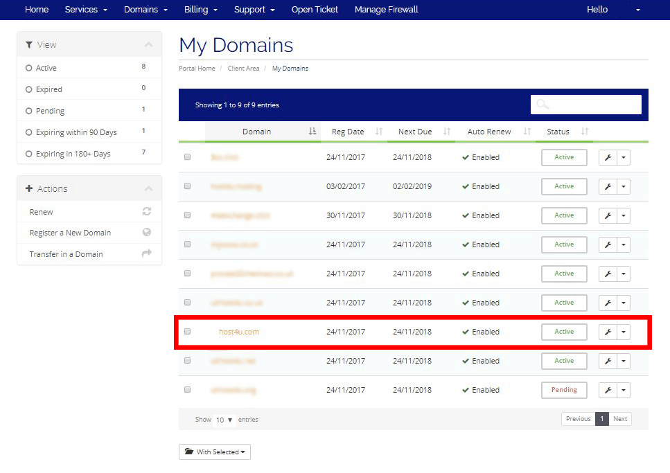 My Domains screen in Client Area