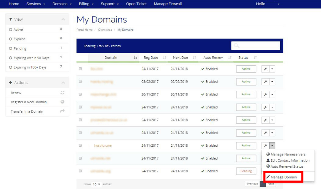 Manage Domain option in Client Area