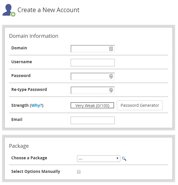 Create a New Account screen in WHM