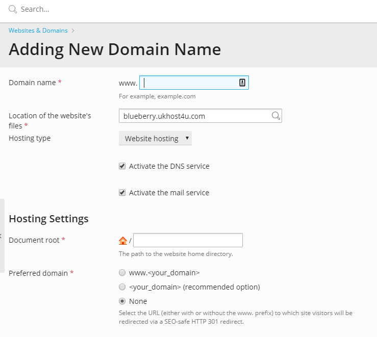 Adding a new domain name screen in Plesk