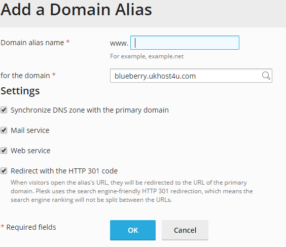 Add a domain alias screen in Plesk