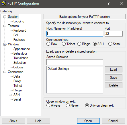 Putty connection configuration settings
