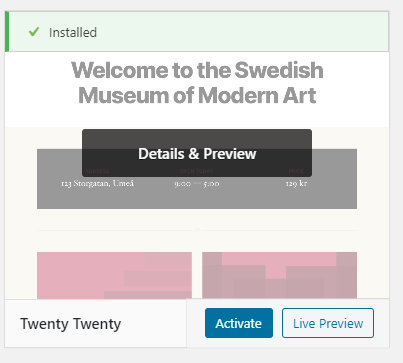 Installed theme screen on WordPress