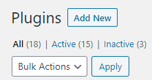Plugins screen on WordPress