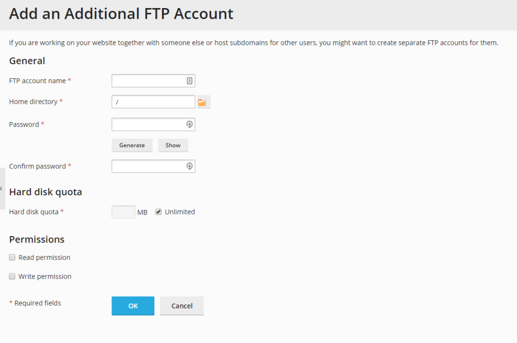 Add an FTP Account screen in Plesk