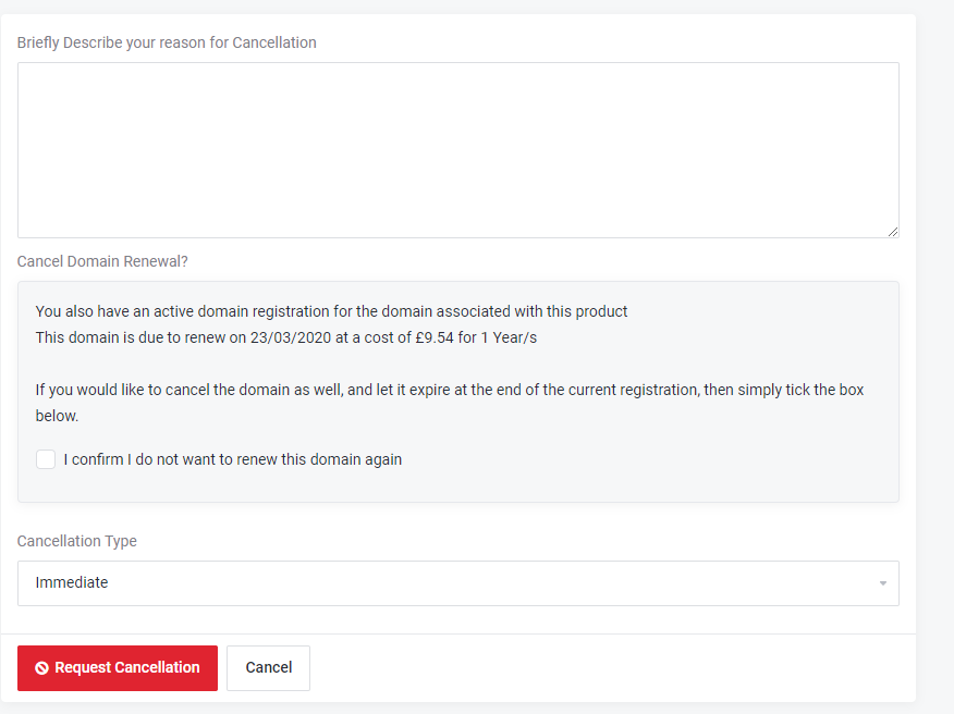 Request Cancellation form in Client Area