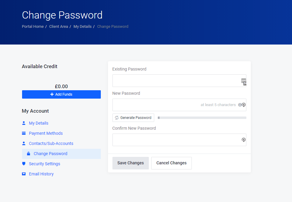 Change Password screen in Client Area