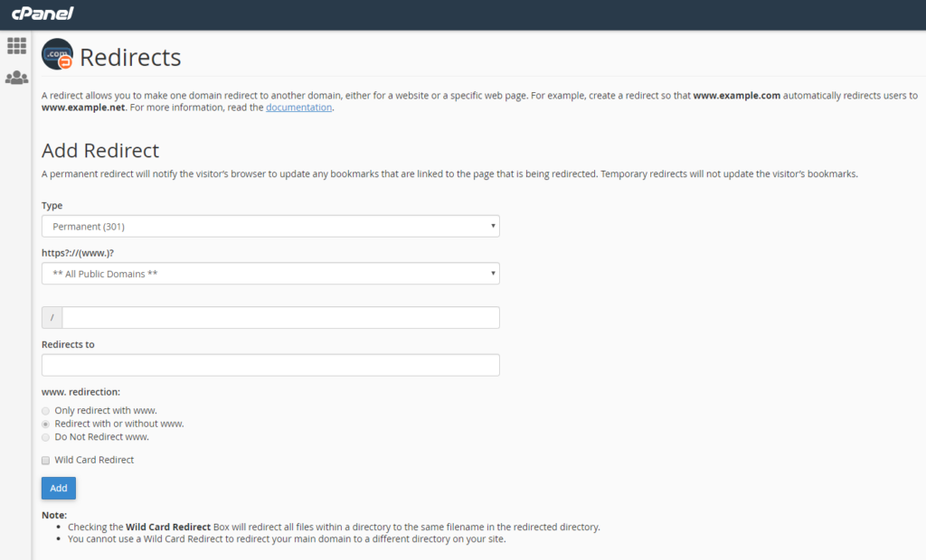Add Redirect screen in cPanel