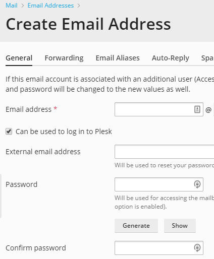 create email address screen in Plesk