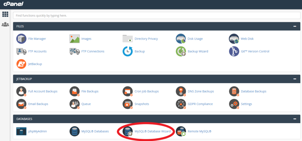 MySQL Database Wizard location in cPanel