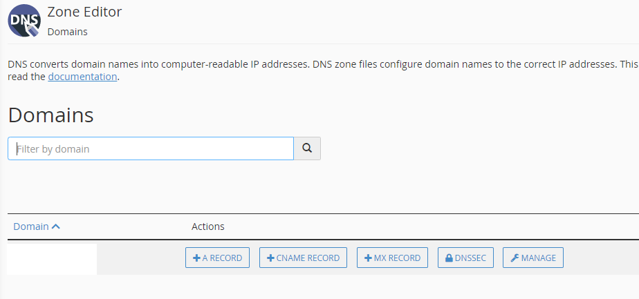 Zone Editor screen in cPanel