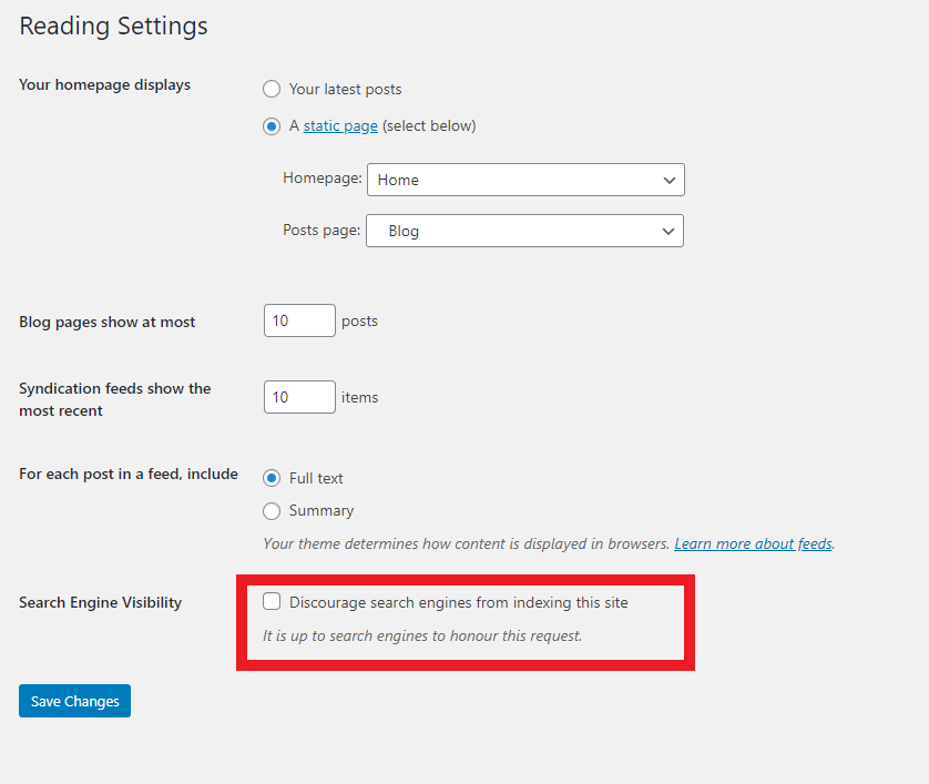 Search Engine Visibility settings in WordPress