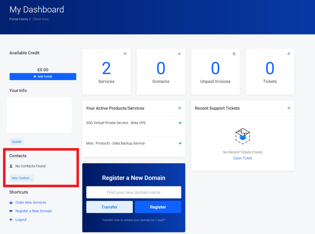 Contacts section in Client Area