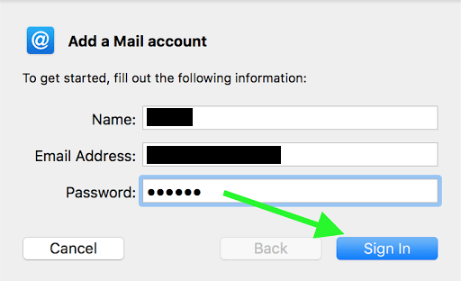 screenshot of adding mail account to Mac Mail
