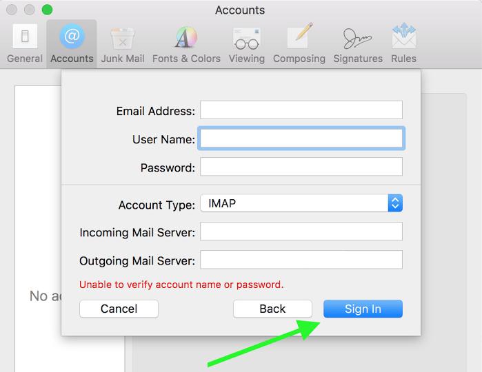 screenshot of manual settings in Mac Mail