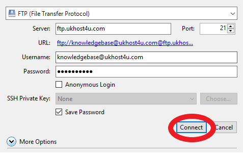 Cyberduck FTP connect option