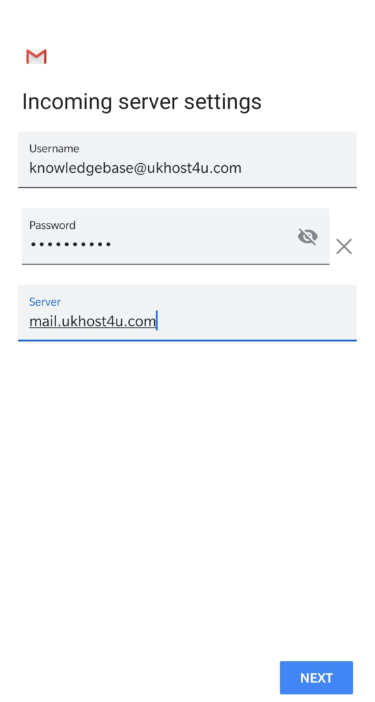 image of incoming server settings on Gmail setup