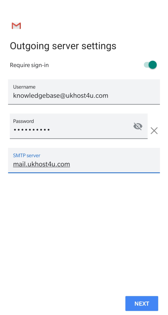 image of outgoing server settings on Gmail setup