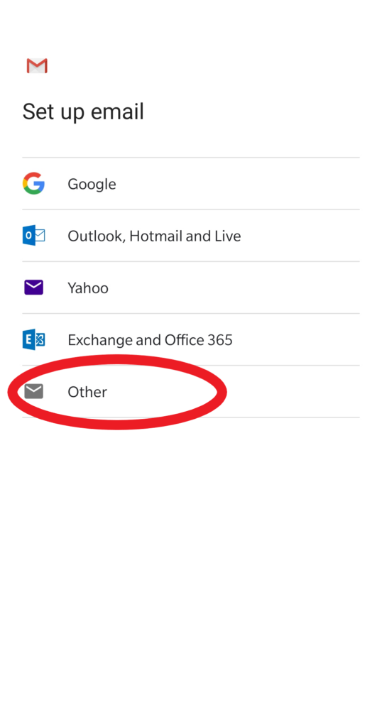 screenshot showing 'other' option on Gmail setup