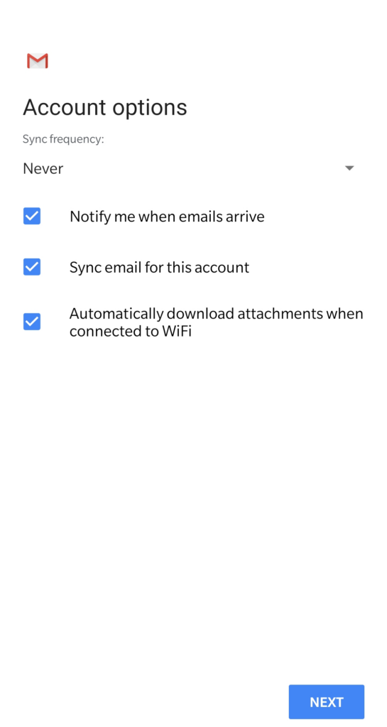 image of Account options on Gmail setup