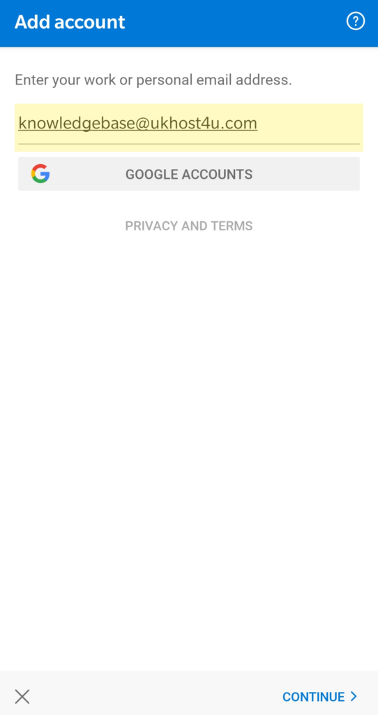 image of add account screen on Outlook Android
