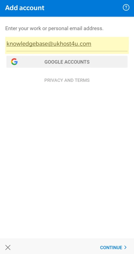 image of add account screen on Outlook Android