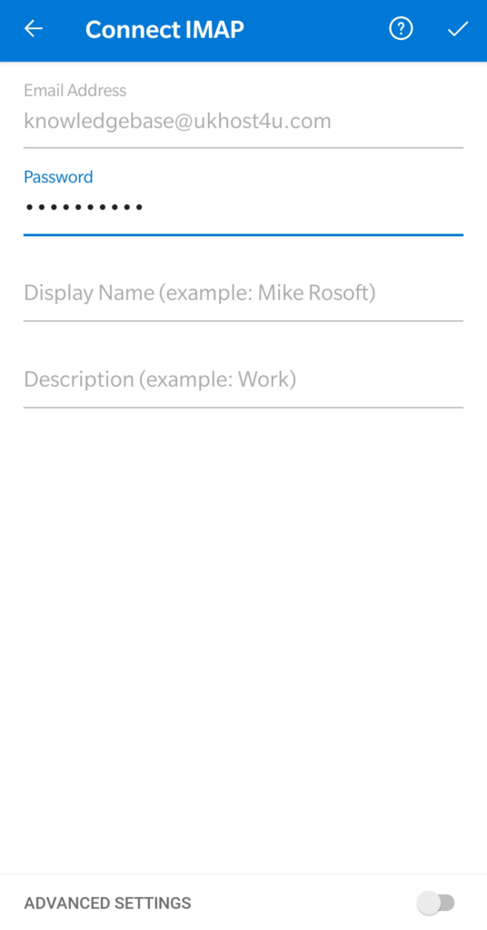 image of IMAP account setup on Outlook Android