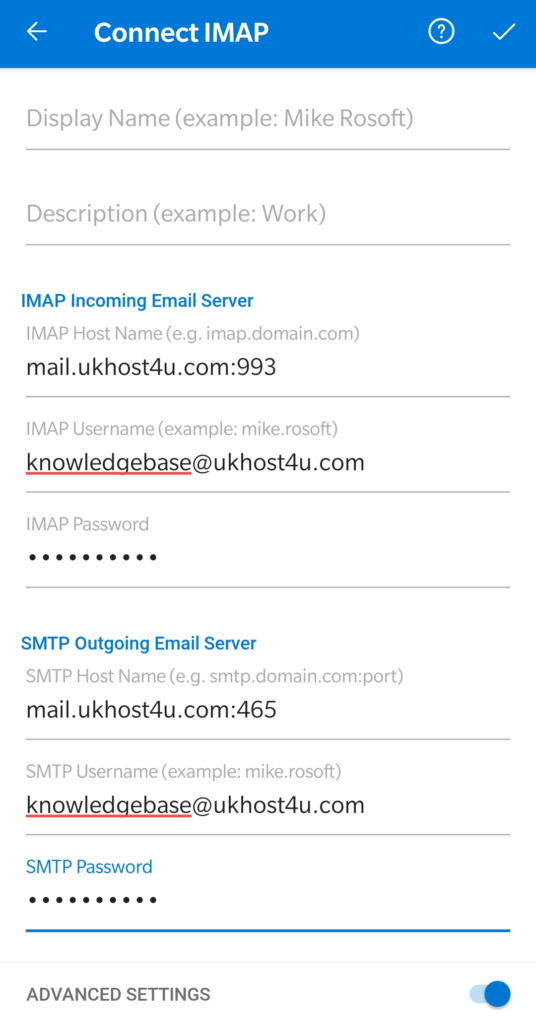 image of manual configuration on Outlook Android