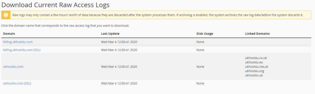 download Raw Access Logs options in cPanel