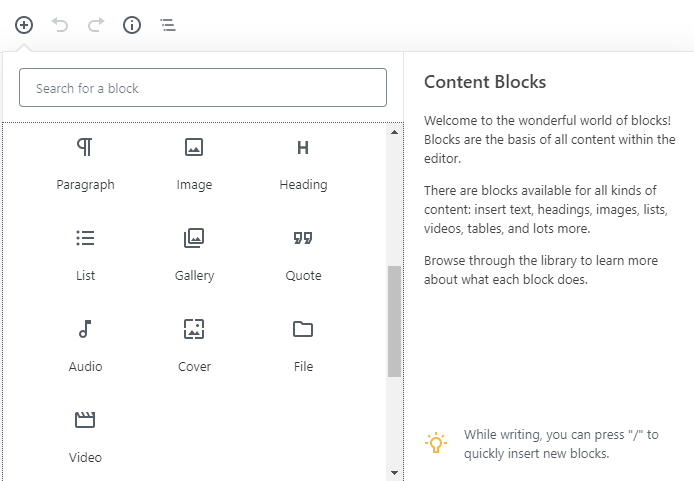 screenshot of block types in WordPress
