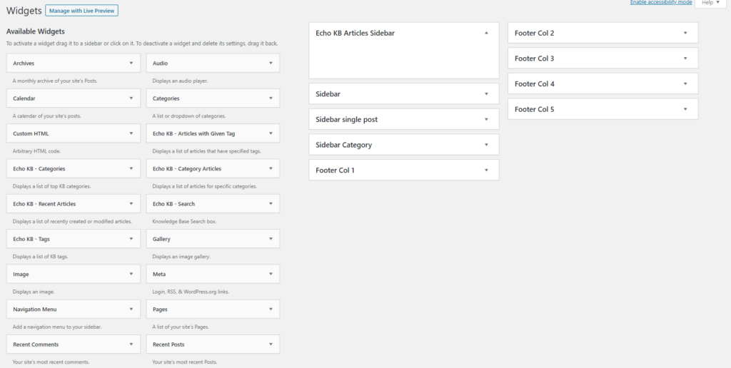 available widgets screen in WordPress