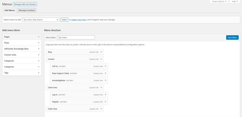 Menus management screen in WordPress