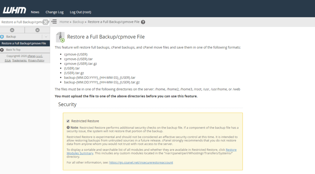 restore a full backup screen in WHM