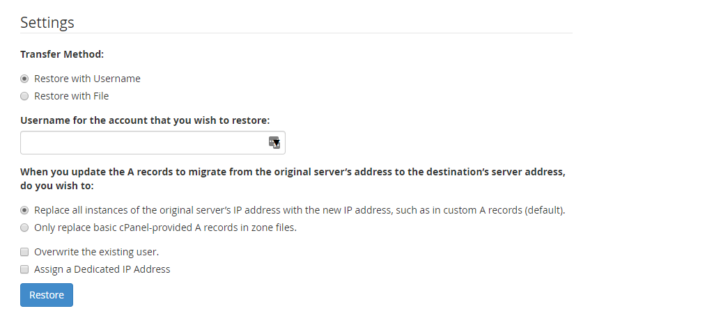 full backup restore settings in WHM