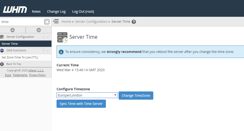 Server Time section in WHM