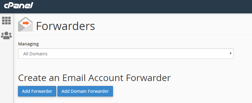 screenshot of Managing Forwarders in cPanel