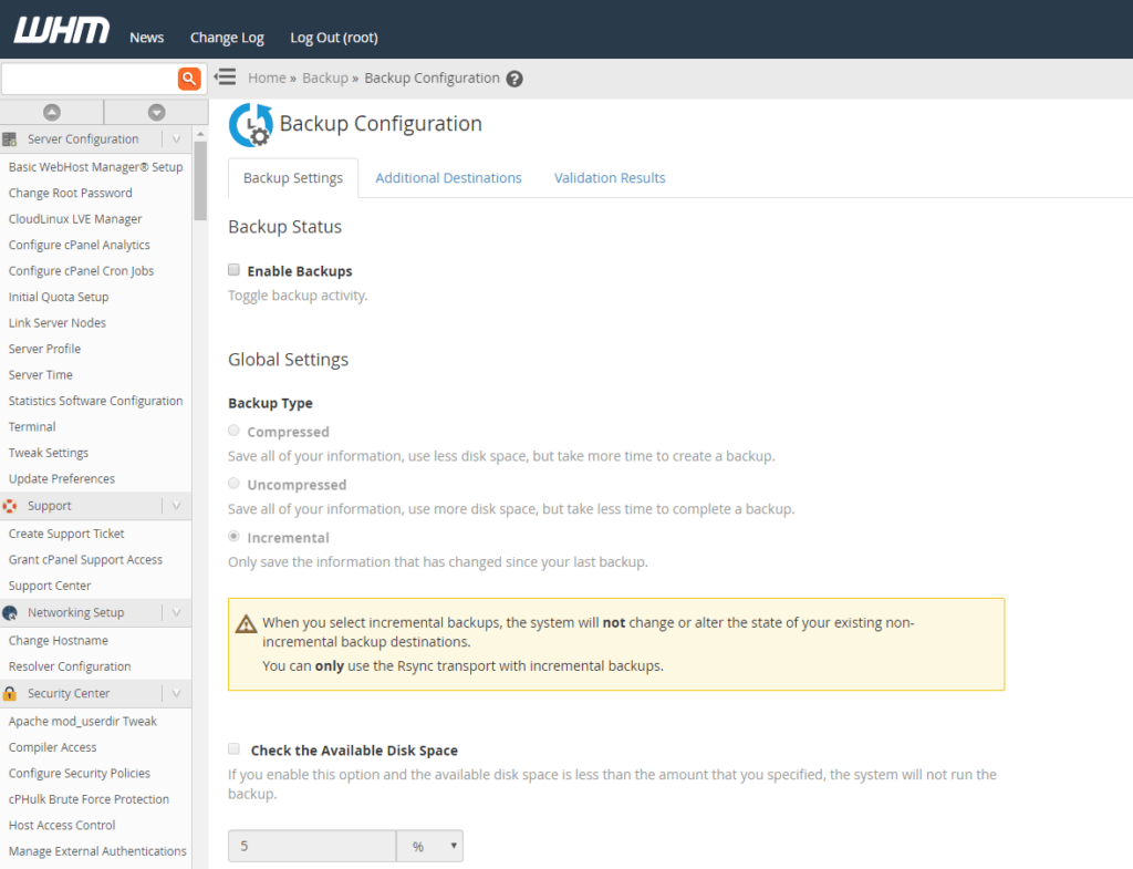 Backup Configuration screen in WHM