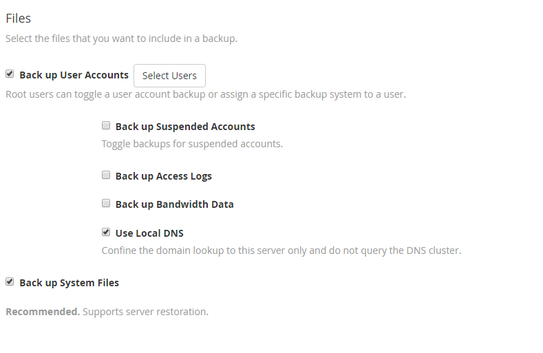 backup files options in WHM