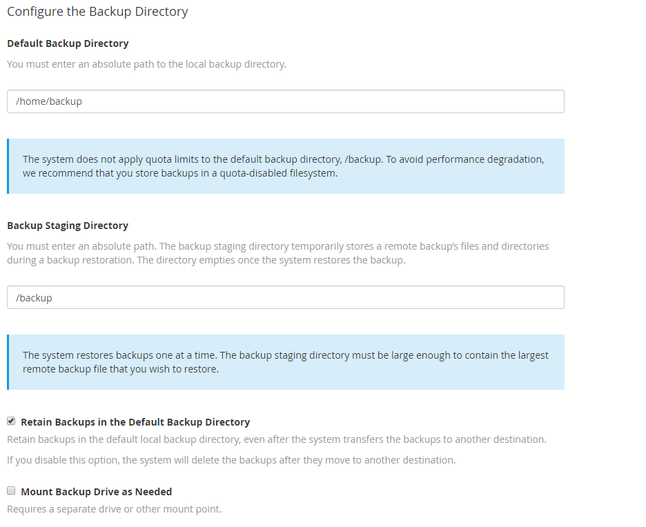 backup location options in WHM