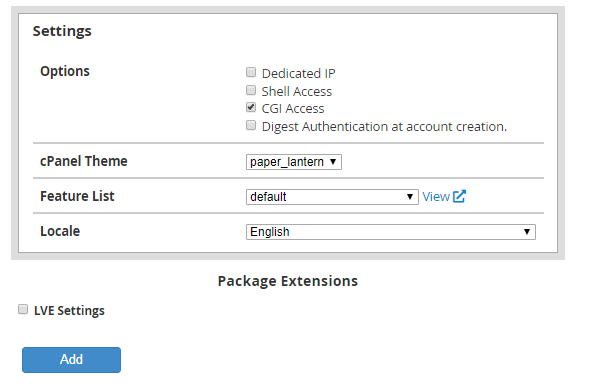 adding package settings in WHM