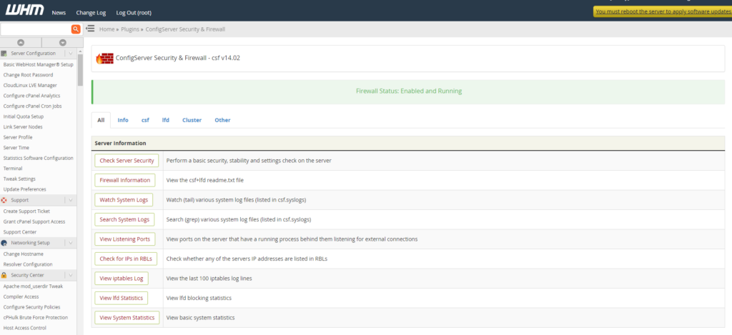 ConfigServer Security & Firewall screen in WHM
