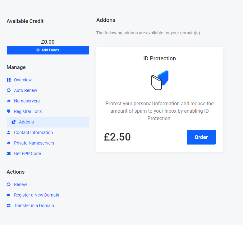 ID protection domain addon in Client Area