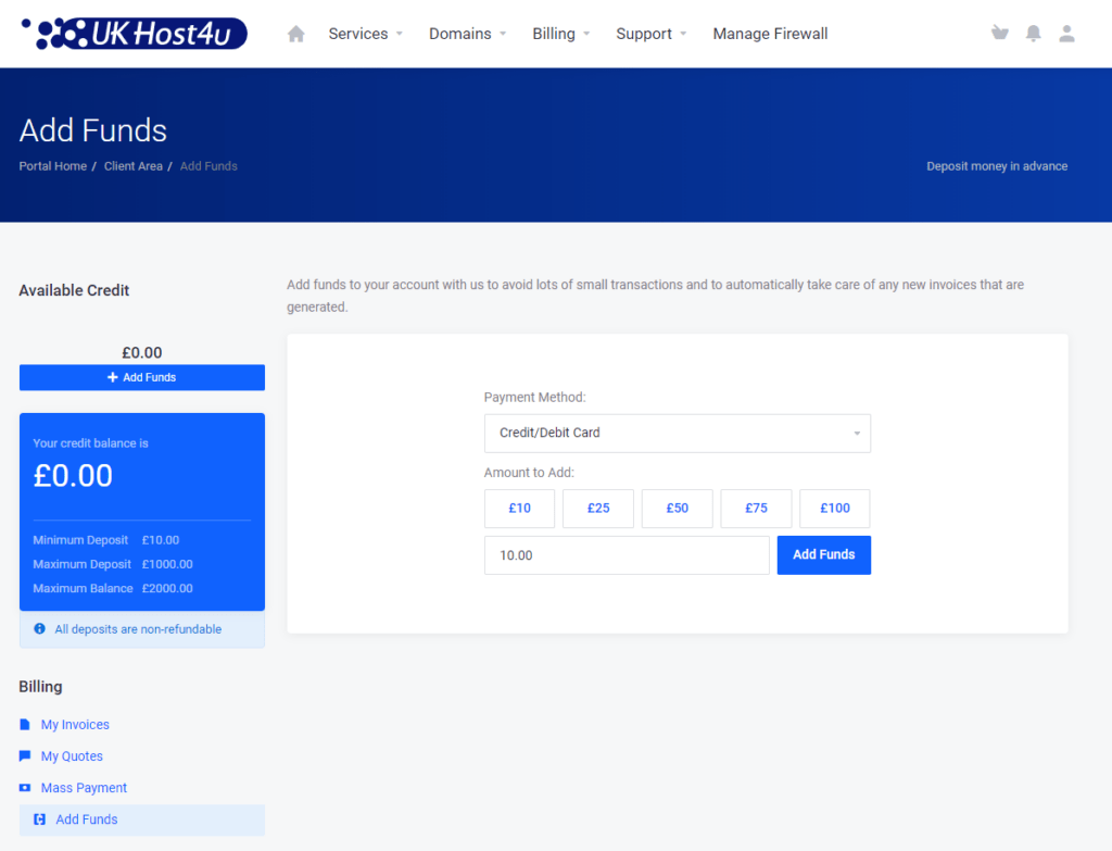 image showing add funds options in Client Area