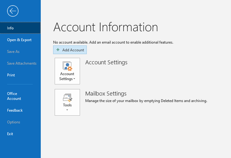 account information screen on Outlook