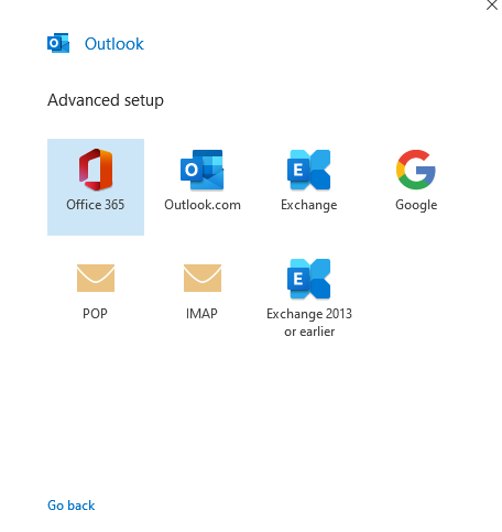 advanced setup screen on Outlook