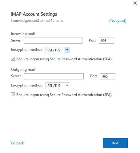 IMAP account settings on Outlook
