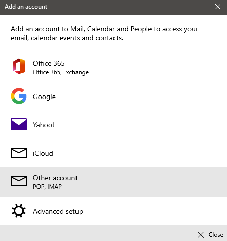 add account screen in Windows Mail