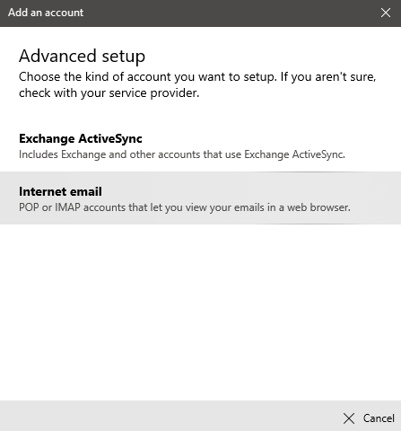 advanced settings screen in Windows Mail