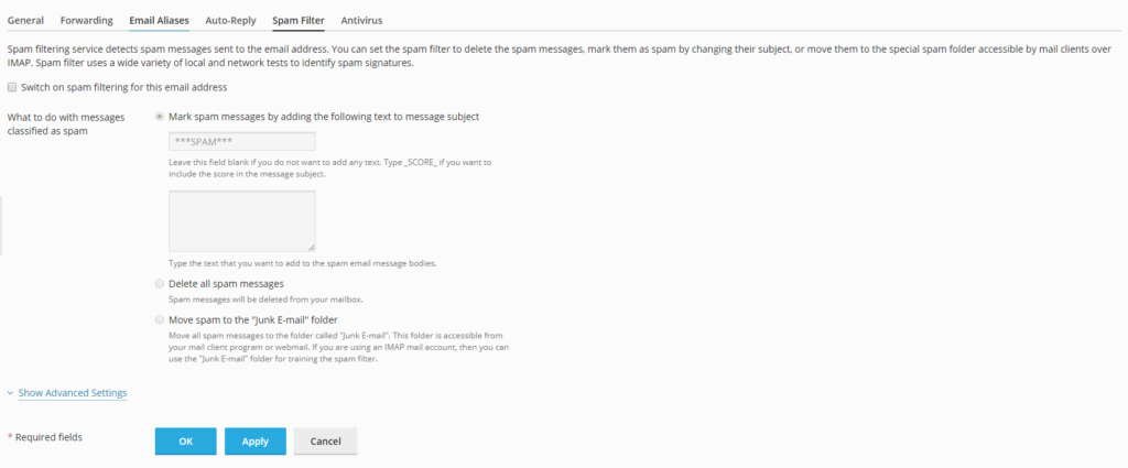 Spam Filter settings in Plesk